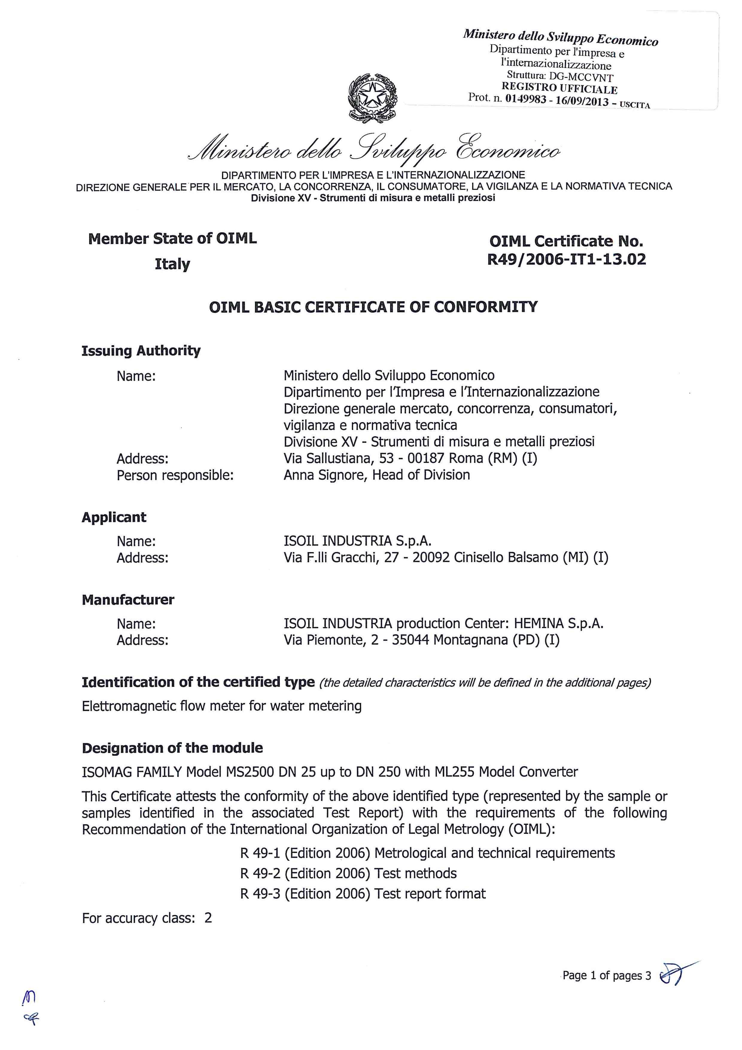 ISOIL - OIML R49 Konformitätserklärung für Isomag Produkte